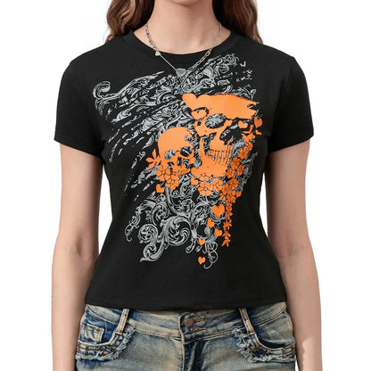 Y2K Skull Print T-Shirt Women’s Slim Fit Summer Streetwear Club Top