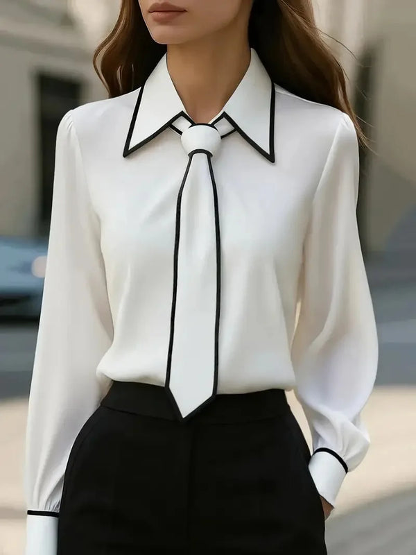 Bow Tie Blouse Women Long Sleeve Office Contrast Trim Work Shirt