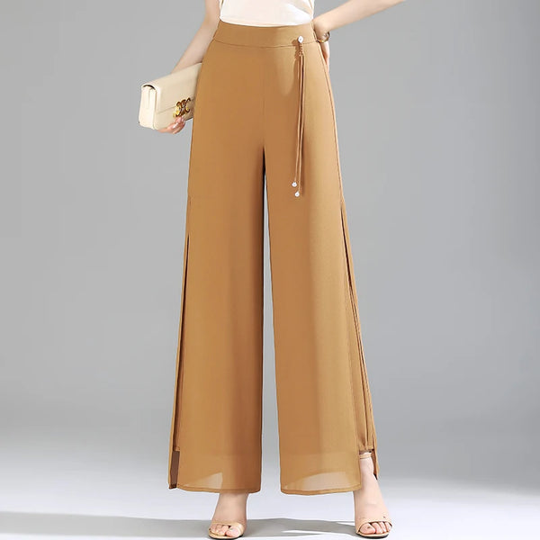 Women's Double Layer Chiffon Pants Elastic Waist Slim Chic