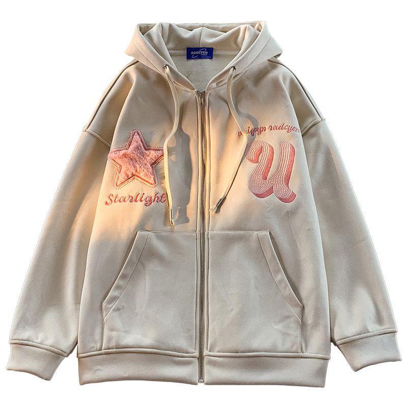 Letter Embroidery Hoodie Star Flocking High Street Hip Hop Fashion for Men and Women Loose Sweatshirt Tops