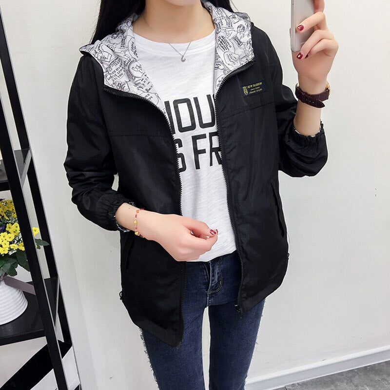 Women Jacket Pocket Zipper Hooded Coat Loose