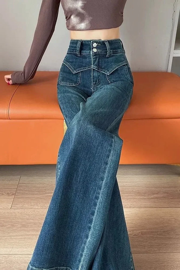 Womens High Waist Wide Leg Jeans Straight Fit Autumn Winter Pants