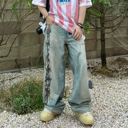 Washed Blue Men Baggy Jeans High Street Vintage Style