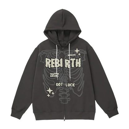 Men Skull Print Gothic Zip Hoodie Oversize Streetwear