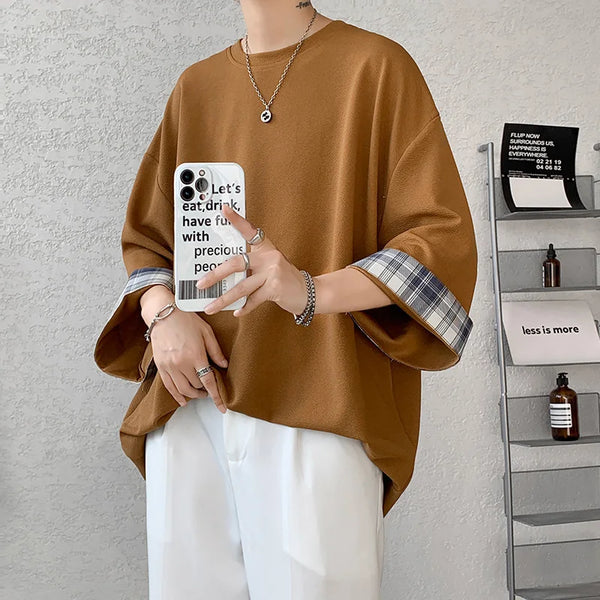 Mens Oversized Plaid Tshirt Korean Style Loose Fit Short Sleeve