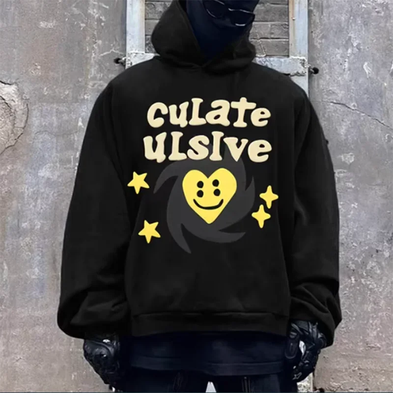 High Street Oversized Hoodie Yellow Stars Puff Print Pullover