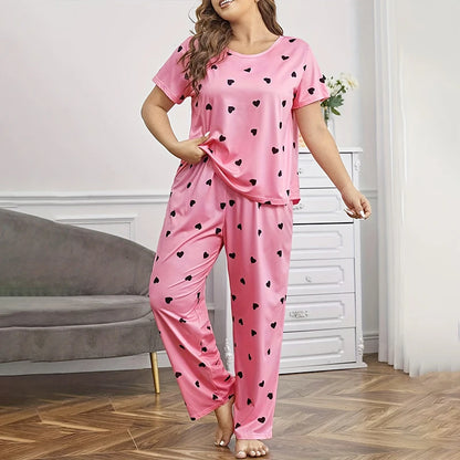 Plus Size Pajama Set Women Love Heart Print Sleepwear