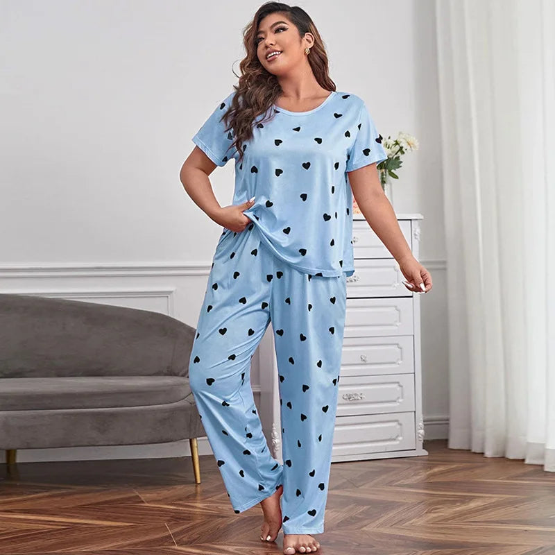Plus Size Pajama Set Women Love Heart Print Sleepwear