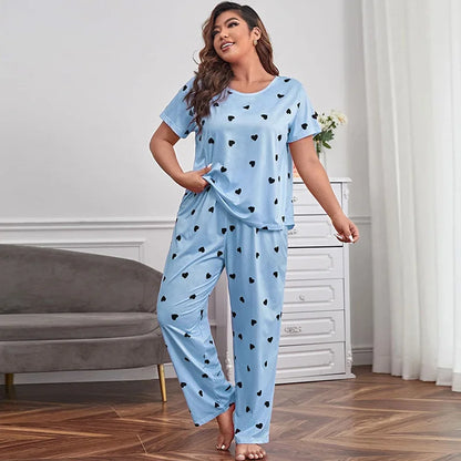 Plus Size Pajama Set Women Love Heart Print Sleepwear