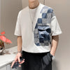 Mens Denim Patchwork Tshirt Cargo Pocket Short Sleeve Cotton Tee