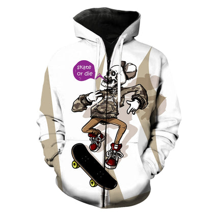 Cartoon-Schädel-Skateboard-Reißverschluss-Kapuzenpullover, cooler 3D-Druck, Streetwear für Herren