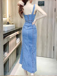 Leisure And Sexy Backless Slit Wrapped Buttocks Denim Suspender Dress 2024