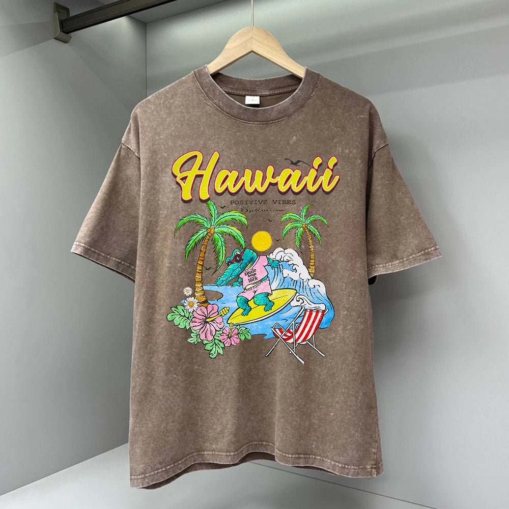 Hawaii Positive Vibes Print T-shirt Men Summer Water Wash Distressed Top