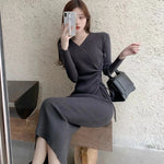 V-Neck Long Sleeve Knit Midi Dress