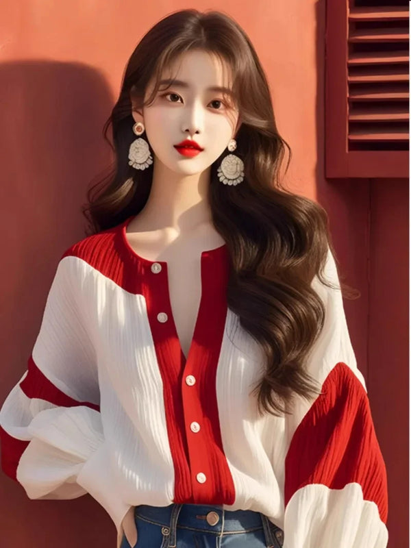 Spring Summer Chiffon Patchwork Blouse Women Loose Vintage