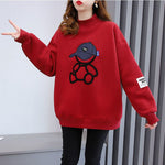 Cartoon Print Applique Harajuku Fleece Thicken Female Sweatshirt Casual Loose Pullover