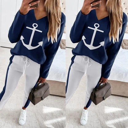 Womens Top Beautiful Ship Anchor Long-Sleeve V-Neck Fashion Casual Suit Trend