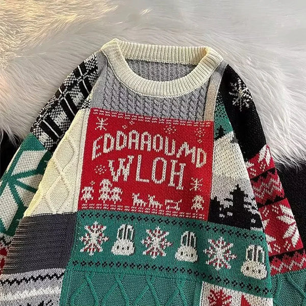 Mens Twist Jacquard Knit Sweater Vintage Pattern Crew Neck