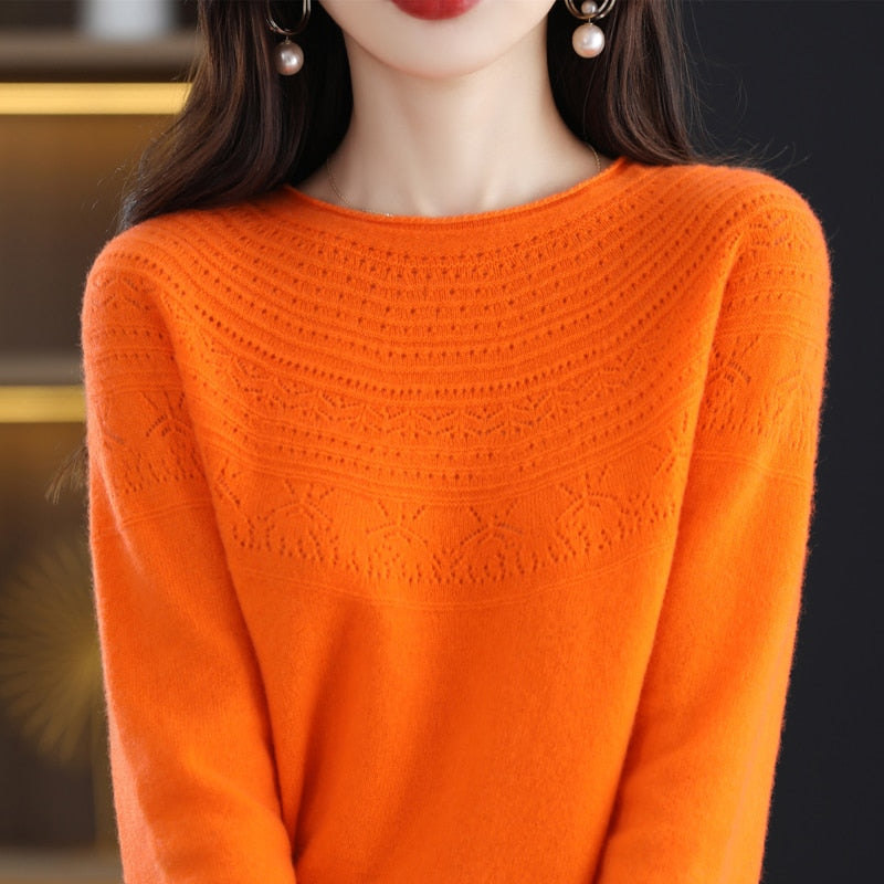 Autumn Winter New Seamless One-Line Pullover WooL Round S Neck UpperBody Hollow - xinnzy