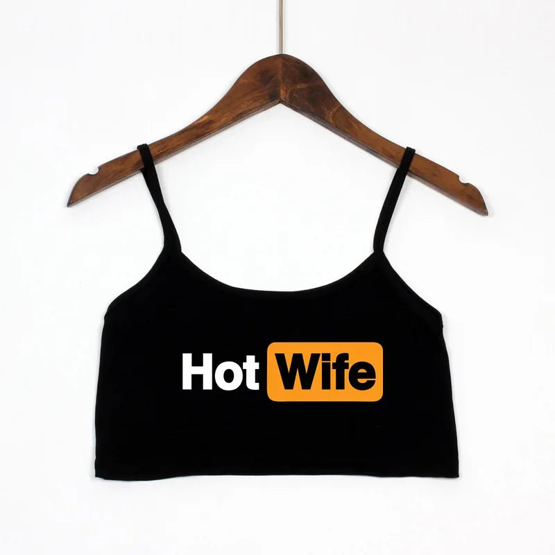 Women's Elastic Cotton HOT WIFE Letters Print Female Crop Top Sleeveless Short