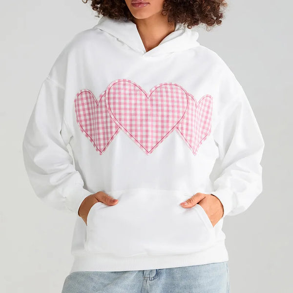 Women's Heart Applique Hoodie Loose Pullover Streetwear with Pocket