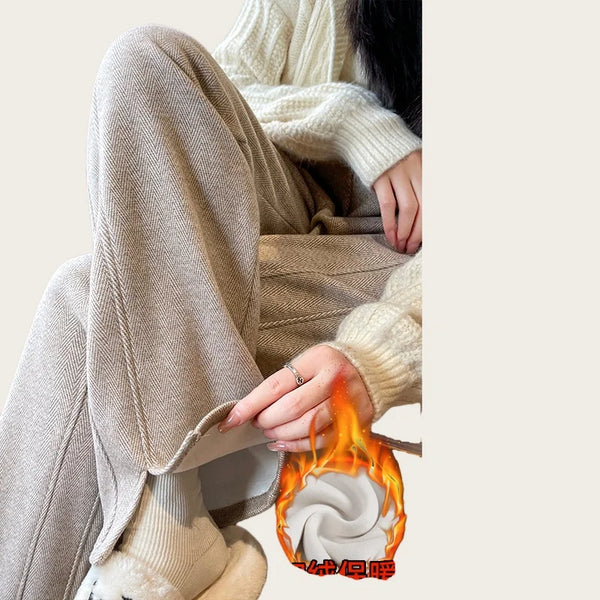 Fleece Lined Wide Leg Pants Women Split Hem Winter Trousers