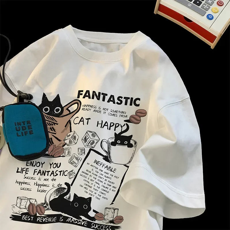 Oversized Cartoon Doodle Cat T-Shirt – Unisex Korean Style Tee