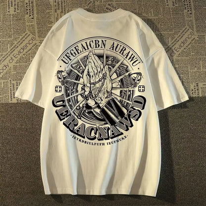Praying Hands Motorcycle Men T-Shirt Biker Graphic Retro Streetwear