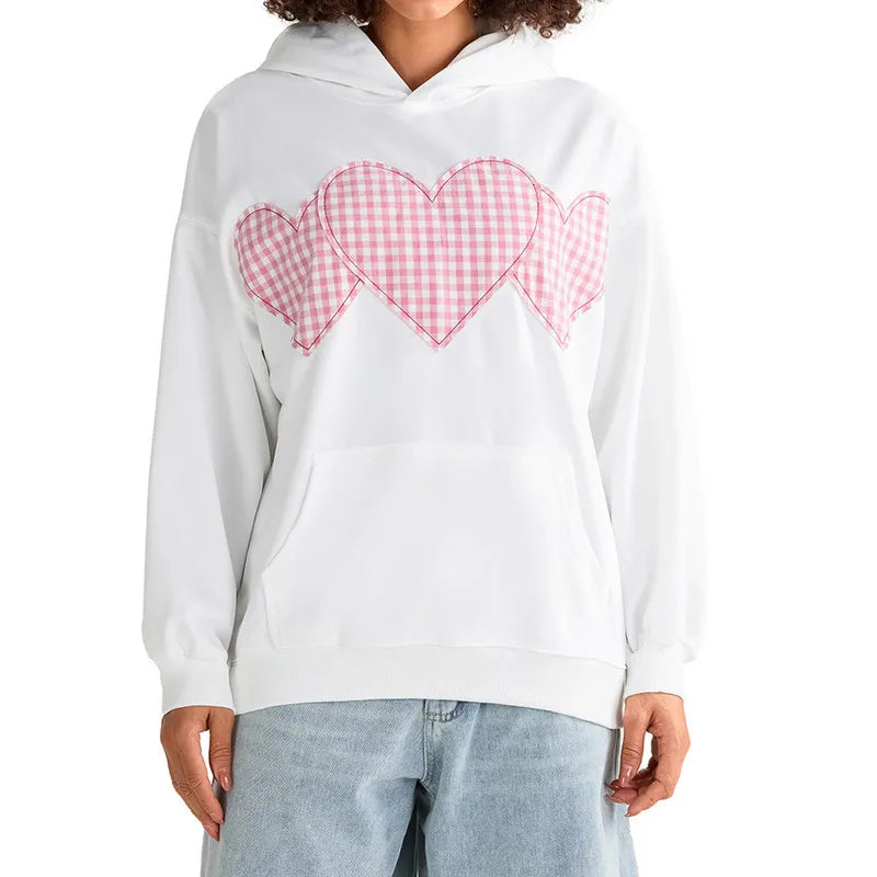 Women's Heart Applique Hoodie Loose Pullover Streetwear with Pocket