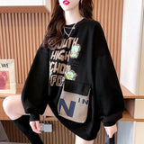 Loose Spliced Pockets Printed Letter Autumn New Casual Pullovers Asymmetrical