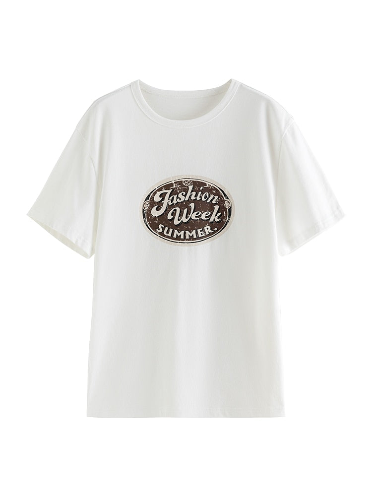 T-Shirts Letter Print Casual Round Neck