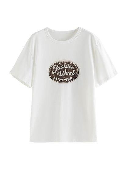 T-Shirts Letter Print Casual Round Neck