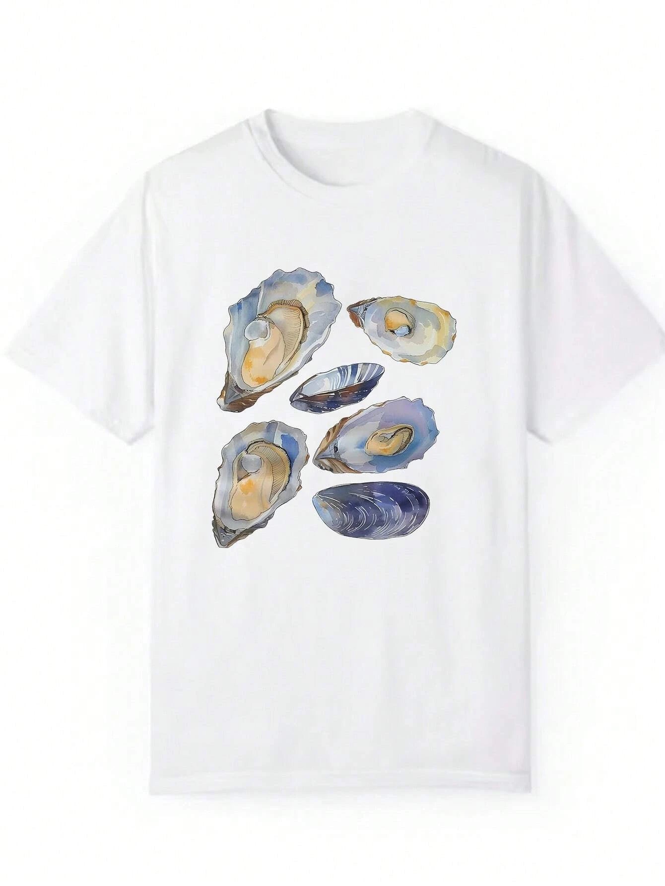 Beautiful Seashell Pattern Print Tee Clothes Casual Regular Womens