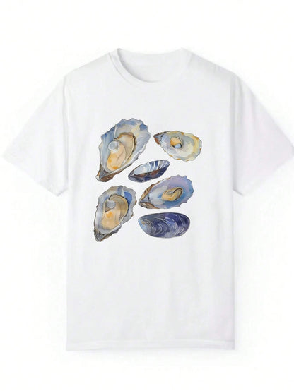 Beautiful Seashell Pattern Print Tee Clothes Casual Regular Womens