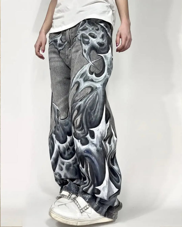 Y2K Street Gothic Flame Print Straight Jeans Men’s Loose Wide-Leg Pants