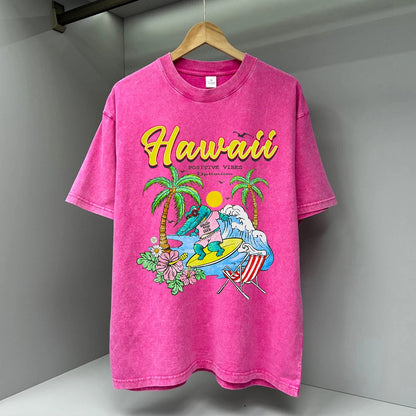Hawaii Positive Vibes Print T-shirt Men Summer Water Wash Distressed Top