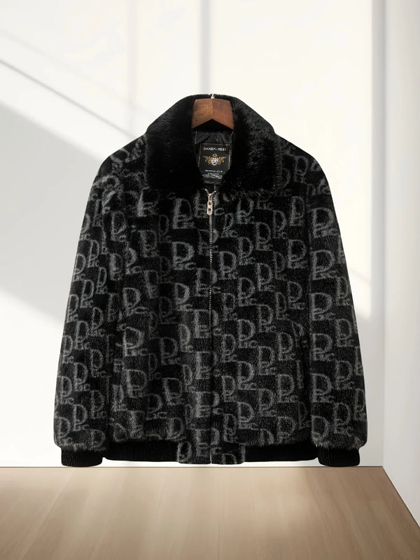 Mens Faux Fur Lapel Winter Jacket Letter Print Warm Coat