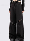 Korean Style Black Cargo Pants with Zip Pockets for Women