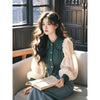 Western Style Green Splicing Blouse Women Puff Sleeve Shirt