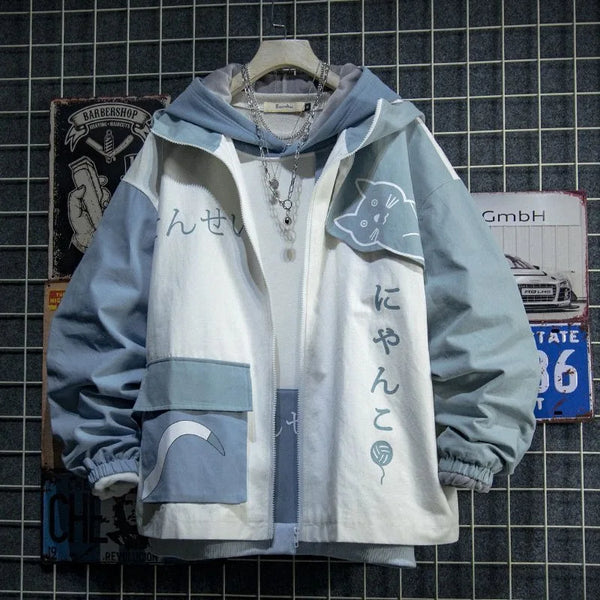 Anime Cat Hoodie Men Patchwork Japanese Streetwear Harajuku Style