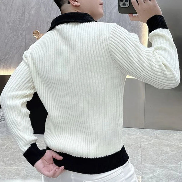 Men Color Block Quarter Zip Sweater Slim Fit Business Polo Pullover