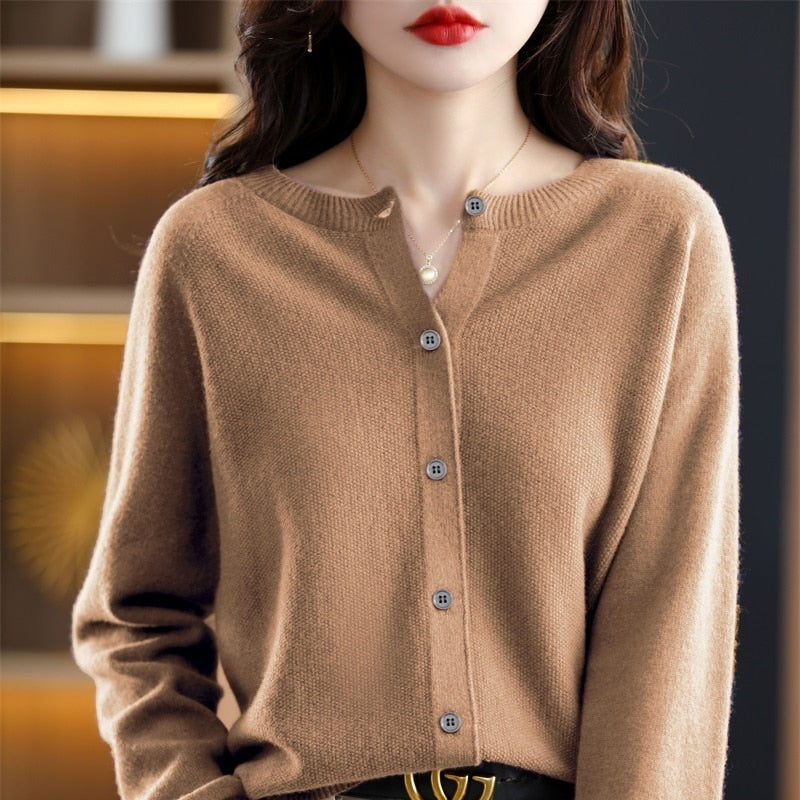 Autumn Cardigan Wool Natural Fiber Round Neck Raglan Sleeves Fashion Sweater Seamless One Line - xinnzy