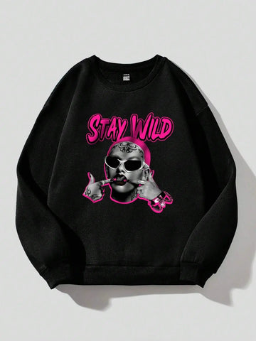 Hip Hop Womens Sweatshirts Stay Wild Cool Girl Printed Fleece Warm Pullovers