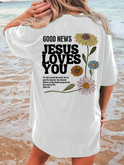 Floral Jesus Loves You T-Shirt Casual Short Sleeve Women’s Top