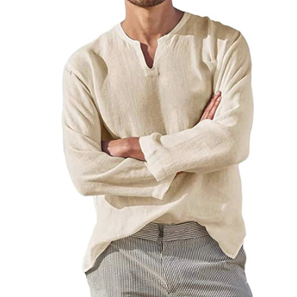 Mens Cotton Linen Shirt Long Sleeve V Neck Breathable Oversized Fit
