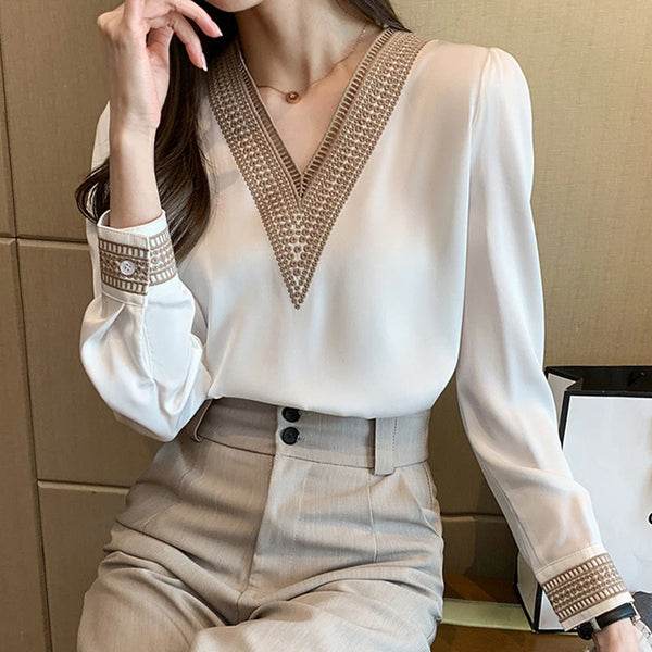 Womens White Chiffon Blouse V Neck Long Sleeve Work Casual Top