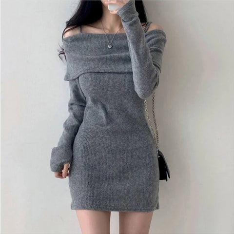 Y2K Women Knitted Mini Dress KoreanOff Shoulder