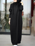 Muslim Dress Sweatshirt Stylish Hoodies Long Sleeve Maxi Dress Casual Solid Hooded