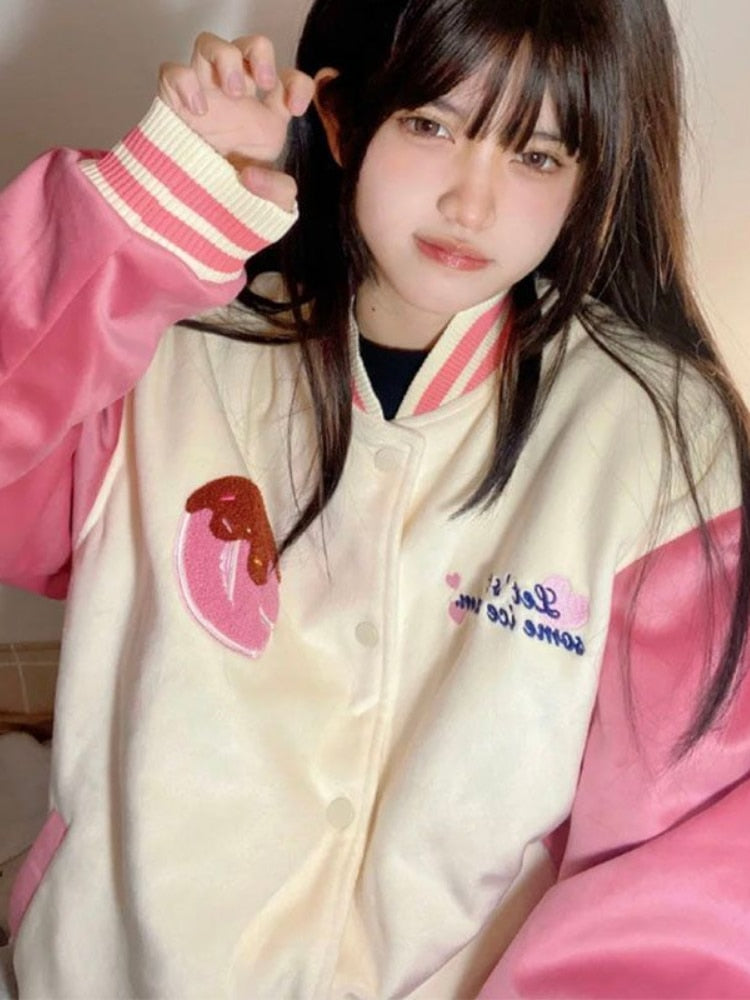 Pink Hoodies Y2 Kawaii Women Luxury Design Embroidery Baseball