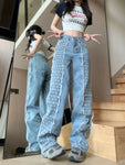 Plaid Splicing Straight Leg Jeans for Women Versatile Korean High Waisted